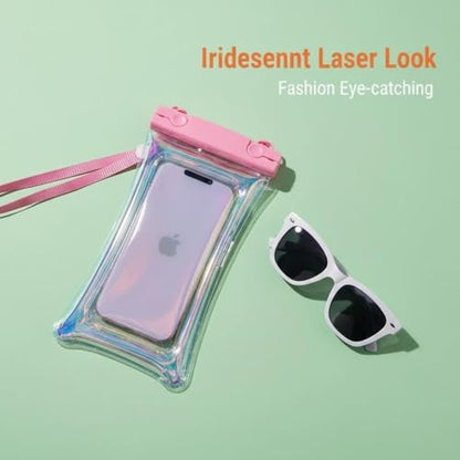 Pink Floating Waterproof Phone Pouch, Holographic Laser TPU Dry Bag with Air Padding, Touch Responsive Case for Swimming, Snorkeling - color: Pink