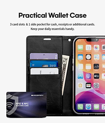 GOOSPERY Bluemoon Wallet Compatible with iPhone 13 Mini Case, Premium PU Leather Standing Feature Flip Card Holder Phone Cover (Black) IP13M-SPD-BLK - color: Black, size: iPhone 13 Mini