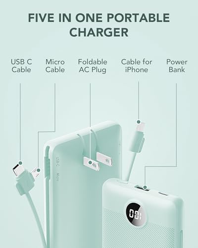 VRURC Portable Charger Built-in Cables and AC Wall Plug, USB C Power Bank 10000mAh, Travel Battery Portable Phone Charger Compact Lightweight External Battery Pack for Smart Phones, Tablets etc-Green - color: Green