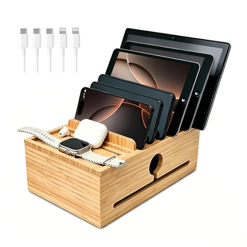 Bamboo Charging Station Organizer for Multiple Devices with 5 Cables