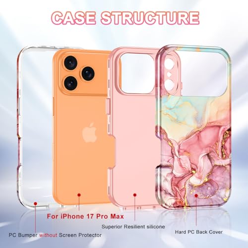 Btscase Compatible with iPhone 17 Pro Max Case 6.9 Inch 2025,Marble Pattern 3 in 1 Heavy Duty Shockproof Full Body Rugged Hard PC+Soft Silicone Drop Protective Women Girl Phone Cases, Rose Gold - color: A-Rose Gold, size: iPhone 17 Pro Max
