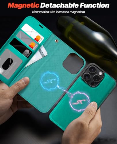 OCASE for iPhone 16 Pro Case Detachable Wallet Case with Card Holder, 2 in 1 Pu Leather Flip Folio with RFID Blocking Stand Wrist Strap Shockproof Phone Cover 6.3 Inch 2024, Blue Green | Removable magnetic case, with hand strap, wireless charging, card sl
