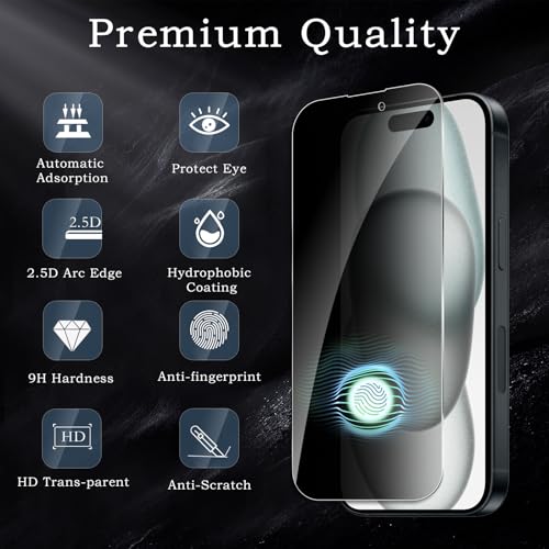 [2+2 Pack] Privacy Screen Protector for iPhone 15, Anti-Spy Shatterproof Tempered Glass with Camera Lens Tempered Glass 9H Hardness Bubble Free Anti-Glare Case Friendly