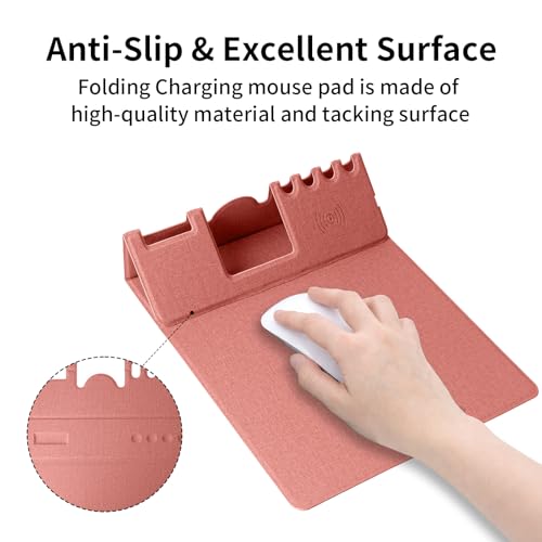 Mouse Pad with Phone Holder & Pen Holders, Wireless Charging Desk Mat, Mousepad Home Office Desk Pad with Ultra-Smooth Surface, Non-Slip Base, Waterproof Keyboard Pad, Classic Pink Desk Mat - color: Pink