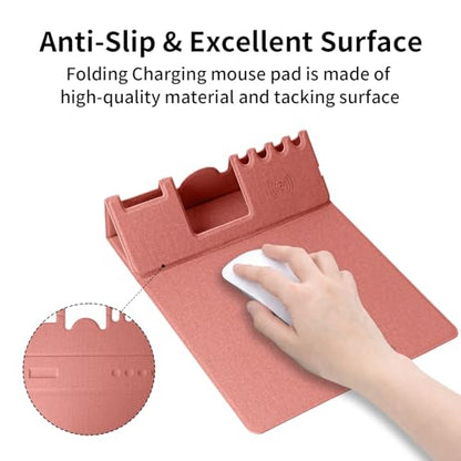 Mouse Pad with Phone Holder & Pen Holders, Wireless Charging Desk Mat, Mousepad Home Office Desk Pad with Ultra-Smooth Surface, Non-Slip Base, Waterproof Keyboard Pad, Classic Pink Desk Mat - color: Pink