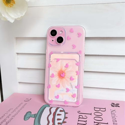NITITOP Compatible with iPhone 15 Case Clear with Card Holder Cute Pink Love Heart Pattern Design Design Soft TPU Shock-Absorbing Wallet Case Protective Cover - Pink - color: Pink, size: iPhone 15