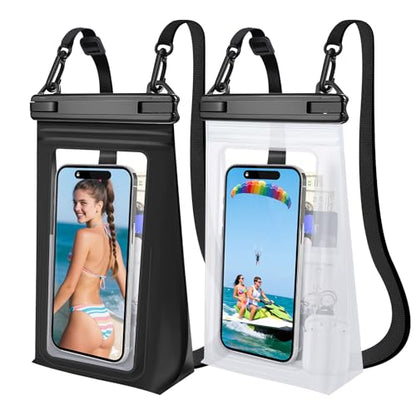 2 Pack Large Waterproof Phone Pouch, Waterproof Phone Case for iPhone 16 15 14 13 Pro Max Galaxy S25 S24 All Devices, IPX8 Double Sealing, Floating Water Proof Bag for Beach Water Park - color: Black+White