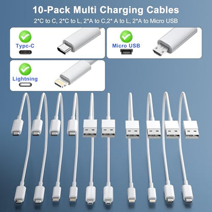 10-Pack 1FT Multi Short Charging Cables, 1FT Short USB C Cables & 1ft Short Lightning Cable & 1-ft Short Micro USB Cable for Charging Stations, Compatible for iPhone, iPad, Samsung, PS, Tablets & More