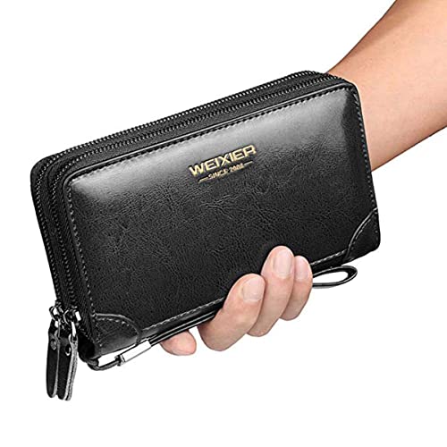 Large Wallet Clutch Long Leather Phone Purse Business Hand Clutch Bag Card Holder Travel Wallet for Men Women Father Husband - color: Double-Black