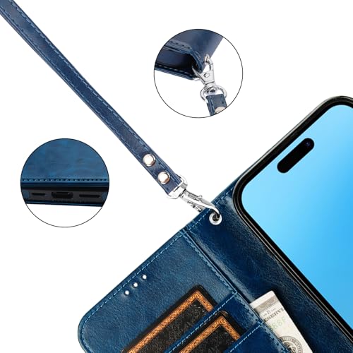 Bocasal Detachable Wallet Case Card Holder for iPhone 16 Pro Max Blue | RFID Blocking Kickstand Card Slots Holder PU Leather Magnetic Shockproof Wrist Strap Removable Flip Protective Cover 6.9 inch - color: Blue