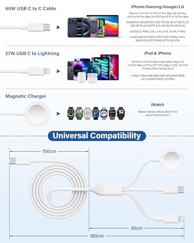 [2026 New] 3 in 1 Fast Charge Cord, USB-C 60W & Lightning 27W with Magnetic Wireless Watch Charger, 6FT White TPE Multi Charging Cable for iPhone 17/16/15/14/13/12/11 & iWatch Series 11-1/Ultra/SE