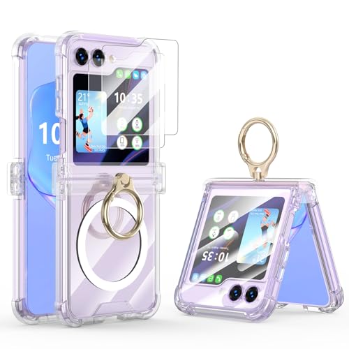 Case for Samsung Galaxy Z Flip 6 Case with 2 pcs Screen Protector Ring Shockproof Kickstand Hinge Protection Compatible with Magsafe Phone Cover for Samsung Galaxy Z Flip 6 5G(Lucency) - color: Lucency