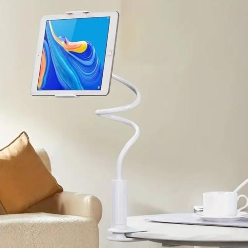 Gooseneck Tablet Holder for Bed and Desk, 360° Adjustable Overhead Mount with Clamp for Phone, Pad, Ereader, Recording, Reading, Filming – Lazy Arm Stand for 7.9"–10" Devices