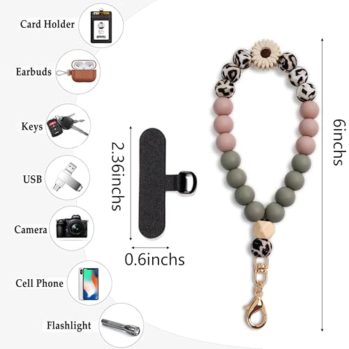 Silicone Beaded Phone Wrist Strap for Women, Elastic Wristlet - color: Daisy Leopard