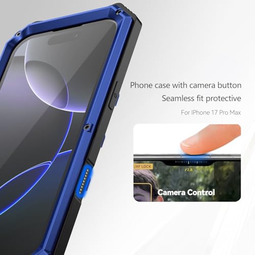 Simicoo Military Metal Heavy Duty Case Compatible with iPhone 17 Pro, Drop Protection Rugged Defender Metal Bumper Screws Phone Cover with Stand Gorilla Glass Camera Cover Full Body Dustproof Blue - color: Blue, size: iPhone 17 Pro