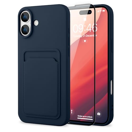 MZELQ Compatible with iPhone 16 Case Card Holder -Blue | Wallet Cover,Camera Protection + Screen Protector Soft Card Slot Phone Case - color: Blue, size: iPhone 16