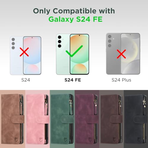 for Samsung Galaxy S24-FE-Wallet Case: with RFID Blocking Card Slots (6 Cards) | Soft PU Leather Magnetic Snap Zipper Pocket | Crossbody Wrist Strap Protective Phone Cover - Green - color: Green, size: Galaxy S24 FE（6.7‘’）