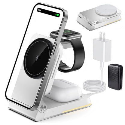 Aluminum 3 in 1 Wireless Charging Station,Foldable Wireless Charger for Apple Magsafe with Light,Portable Travel Magnetic Charger Stand for iPhone 17/16/15/14,Watch,Airpod,with PD 20W Adapter & Case - color: Silver
