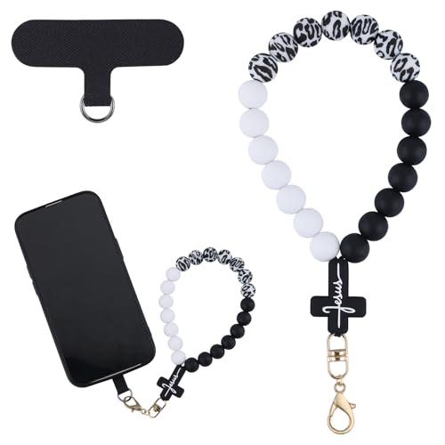 BEEFLYING Silicone Beaded Phone Charm Wrist Strap for Case - color: Black + White