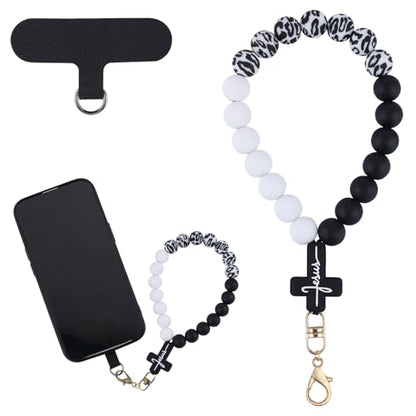 BEEFLYING Silicone Beaded Phone Charm Wrist Strap for Case - color: Black + White
