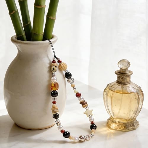 Cute Beaded Camera Wrist Strap for Phone, Digital Camera Charm Lanyard, Pearl Beaded Chain for Bag Keychain Gift - color: Brown Bead