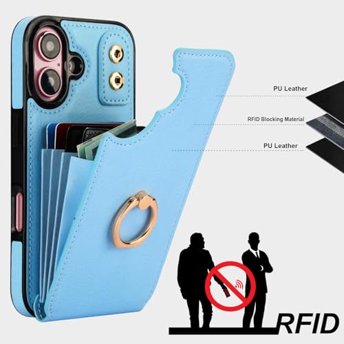Folosu Compatible with iPhone 16 Case Wallet with Card Holder, 360°Rotation Finger Ring Holder Kickstand, RFID Blocking Leather Protective Double Buttons Shockproof Cover 6.1 Inch Blue - color: Blue