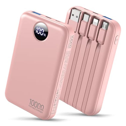 Portable Charger 10000mAh with 4 Built-in Cables 40% Smaller - color: Pink