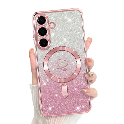 Bonoma Compatible with Samsung Galaxy S25 Case Heart Glitter -Pink | Support for MagSafe, Plating Magnetic Case TPU Camera Protection Back Cover for Phone Case - color: Pink, size: Samsung Galaxy S25