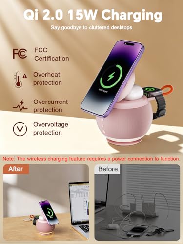 Bluetooth Speaker with Wireless Charging Stand, Pink - color: Pink