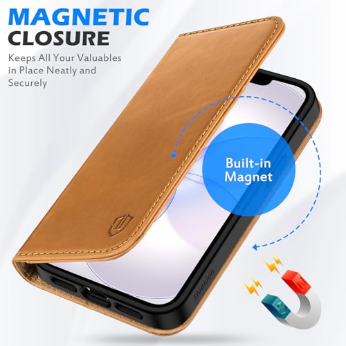 SHIELDON Genuine Leather Case Wallet for iPhone 17e/16e, Retro Light Brown | Flip Magnetic Cover, RFID Blocking, Credit Card Holder, Kickstand, Book Design, Shock-Absorbent Phone Cover - color: Retro Light Brown