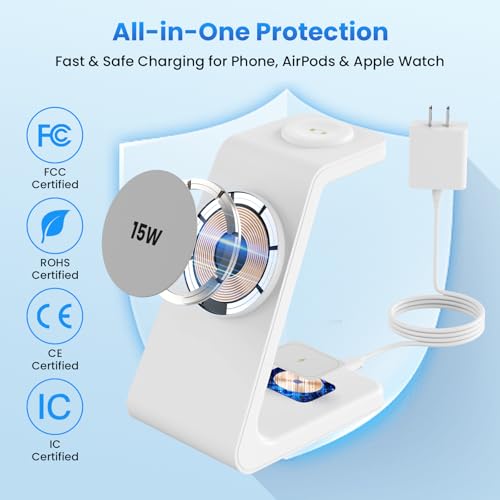 Magnetic Wireless Charging Station for iPhone: 3 in 1 15W Fast Charging for iPhone 17-12, Apple Watch & AirPods, N52 Magnets & 30W Adapter Included (Office/Bedside/Desk) - color: Matte White