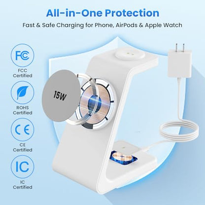 Magnetic Wireless Charging Station for iPhone: 3 in 1 15W Fast Charging for iPhone 17-12, Apple Watch & AirPods, N52 Magnets & 30W Adapter Included (Office/Bedside/Desk) - color: Matte White