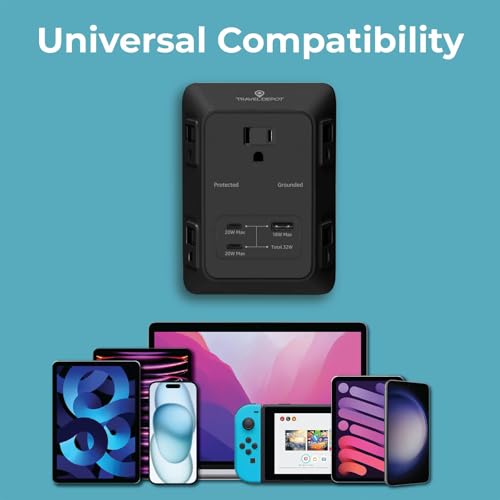 Travel Depot 5-Outlet Wall Outlet Extender with Surge Protector, (Black) - color: Black