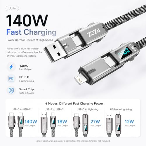 pzoz 4-in-1 Multi Charging Cable with LED Display, 140W PD Fast Charging - style: 140W