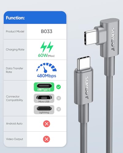 SUNGUY Short USB C to USB C Cable 10-Inch, [2-Pack, 0.8FT] Right Angle 60W Fast Charge USBC to USBC Cable Compatible with iPhone 17 16 15 Pro Max, Galaxy S24 S23 S22, iPad Pro - Grey - color: Grey, size: 0.8ft