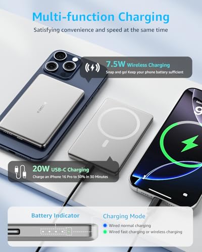 “Air” Power Bank for MagSafe 5000mAh Ultra Slim Battery Charger Case | Magnetic Wireless Portable Battery Charger Case with USB-C Cable, Compatible with iPhone 17/16/15/14/13/12 Series Only Sliver - color: Silver