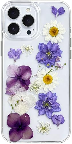 Abbery for iPhone 16 Pro Flower Cases Cute Clear with Pressed Dried Purple Violet Daisy Floral Design Aesthetic Soft Slim Shockproof Protective Girly Women Girls Phone Cover - color: Purple Flower, size: for iPhone 16 Pro
