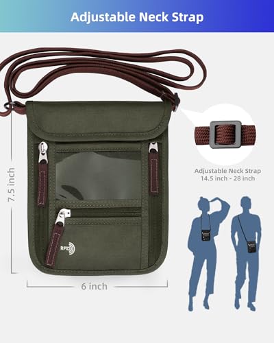 WALNEW Passport Holder Neck Pouch Travel Wallet for Women and Men, RFID Blocking Security Slim Traveling Wallet with Around Neck Lanyard Strap, Army Green - color: Army Green