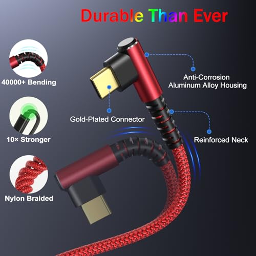 OKRAY USB C Cable 10ft, 5-Pack USB c to USB c 90 Degree Right Angle Cords - color: Red Red Red Red Red