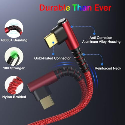 OKRAY USB C Cable 10ft, 5-Pack USB c to USB c 90 Degree Right Angle Cords - color: Red Red Red Red Red
