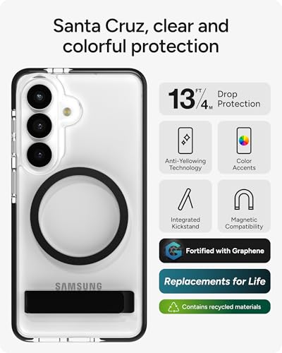 ZAGG Santa Cruz Snap Samsung Galaxy S26 Case with Kickstand - Black, Magnetic Crystal Clear Protective Phone Cover, 13ft Drop Protection, Graphene Reinforced, Slim Case with Stand - color: Black, size: Samsung Galaxy S26