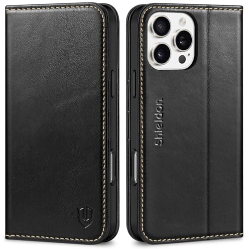 SHIELDON Genuine Leather Case Wallet for iPhone 16 Pro Max, Retro Black | Folio Magnetic Closure, RFID Blocking, Credit Card Holder, Viewing Stand, Shock Absorbing Protective Cover for Men Women - color: Retro Black