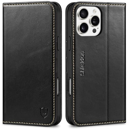 SHIELDON Genuine Leather Case Wallet for iPhone 16 Pro Max, Retro Black | Folio Magnetic Closure, RFID Blocking, Credit Card Holder, Viewing Stand, Shock Absorbing Protective Cover for Men Women - color: Retro Black