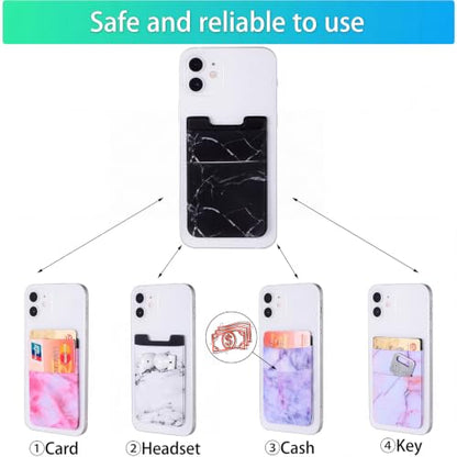 Weewooday 6 Pieces Phone Card Pocket Holder Stretchy Spandex Wallet Pocket Marble Pattern Double Pouch Credit Card ID Case Pouch Sleeve Adhesive Sticker Phone Wallet for Most Smartphones