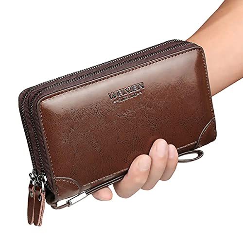 Large Wallet Clutch Long Leather Phone Purse Business Hand Clutch Bag Card Holder Travel Wallet for Men Women Father Husband - color: Double-Brown