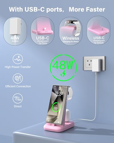 48W Super Fast Charging Station for Samsung Devices, 3 in 1 Charger Via USB C, Galaxy Watch Charger for Samsung Galaxy Watch Ultra/7/6/5/4/3, Galaxy S24/S23/S22/S21/Note20/Z Flip 5/Fold 5, Buds2/Pro