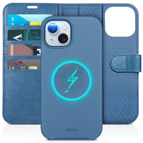 TUCCH 2-in-1 Removable Wallet Case for iPhone 15 (6.1") 2023, Light Blue | RFID Blocking, 4 Card Holders, Kickstand, Wireless Charging, Shockproof TPU, PU Leather, Magnetic, Flip Cover - color: Lake Blue (2-in-1 Detachable)