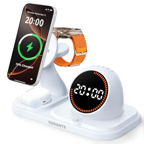 Wireless Charging Station with Clock,6-in-1 Charging Stand - color: White