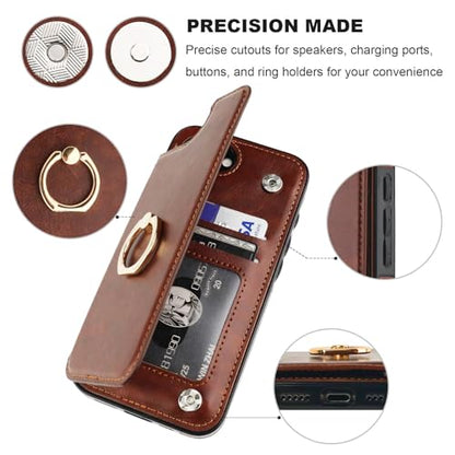 ONETOP for iPhone 17e/16e Wallet Case with Credit Card Holder,Brown | 360° Rotation Ring Kickstand,Finger Grip,Double Magnetic Clasp,RFID Blocking PU Leather Shockproof Cover for Women Men - color: Brown