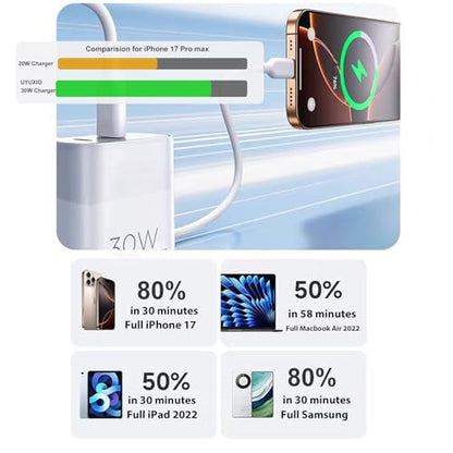 30W USB C Charger Block, GaN Fast Charger with USB-C & USB-A Dual Port, PD PPS QC 3.0 Wall Charger Adapter for iPhone 17/16/15/14, Samsung Galaxy, iPad, Pixel, Black